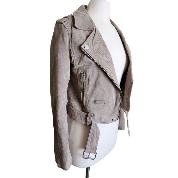 Blank NYC  Leather Moto Jacket  Suede Tan Beige Size XS with belt & zippers - Picture 7 of 16